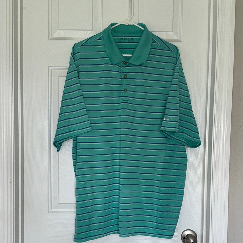 Nike Golf men’s green with blue&white stripes polo shirt